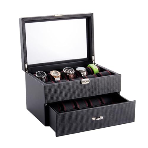 WLEJSL Schmuckschatulle für Uhren aus MDF mit Schublade, Glasdeckel, Uhrendisplay Organizer, 20 Fächer, Uhren Organizer für Männer mit Schublade für Sonnenbrillen, Ringe, Armbänder von WLEJSL