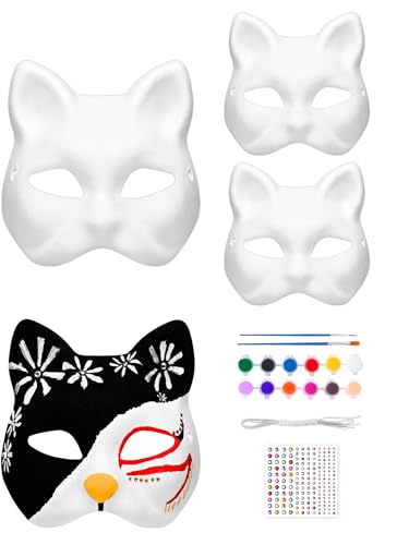 10-teiliges Masken-Set, Katzenmaske, DIY-Papier-Katzenmaske zum Bemalen für Kinder, Halloween, Aktivität, Tiermaske, Maskerade, Cosplay, Party (3 Stück) von WLHHBO