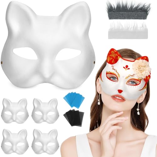 5-teiliges Katzenmasken-Set mit Fell und Augennetz – blanko DIY Halloween Tier-Halbmasken für Maskerade und Cosplay-Partys von WLHHBO