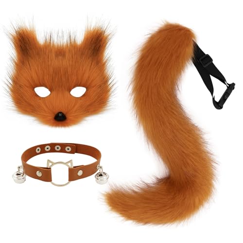 Fuchsmaske aus Kunstfell, Wolfskatze, flauschiger Schwanz und Leder-Halsketten-Set, Halloween-Party, Cosplay, Kostümzubehör (Fuchs) von WLHHBO