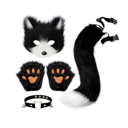 Fuchsschwanz, Katze, Wolf, Cosplay-Kostüm-Set, Plüschmaske, flauschige Pfoten-Handschuhe, Halloween, Weihnachten, Party für Mädchen und Damen (schwarz + weiß) von WLHHBO