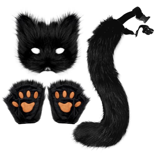 Kunstfell, Fuchsschwanz, Katze, Wolf, Cosplay-Kostüm-Set, Plüschmaske, flauschige Pfoten-Handschuhe, Halloween, Weihnachten, Party für Mädchen und Damen, Schwarz von WLHHBO