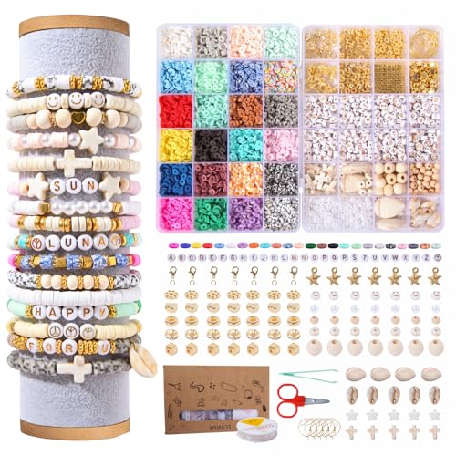 WLIAGYE 24 Farbe Perlen für Armbänder Heishi Clay Perlen Set 6mm,Perlen zum Auffädeln Selber Machen Set mit Buchstaben,Holzperlen,Nummer. Geschenkidee für Weihnachten Urlaub Geburtstage Belohnungen von WLIAGYE