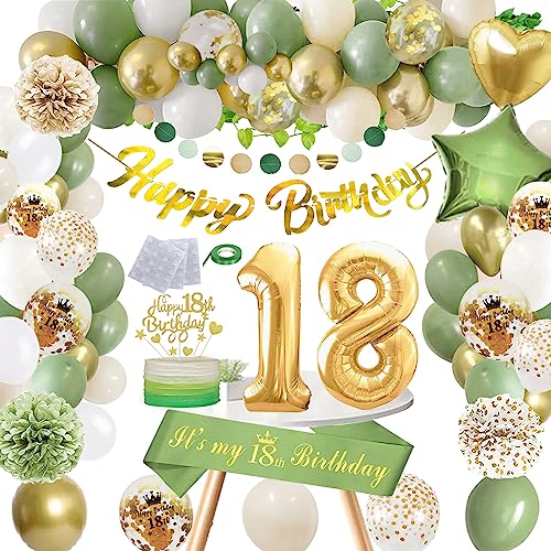 WLKQY 18 Geburtstag Deko Mädchen Junge, Grün Gold Deko 18 Geburtstag Konfetti Luftballons mit Happy Birthday Banner, 18. Geburtstag Schärpe Grün Gold, Pompons, 18 Jahr Geburtstagdeko Girlande Ballon von WLKQY