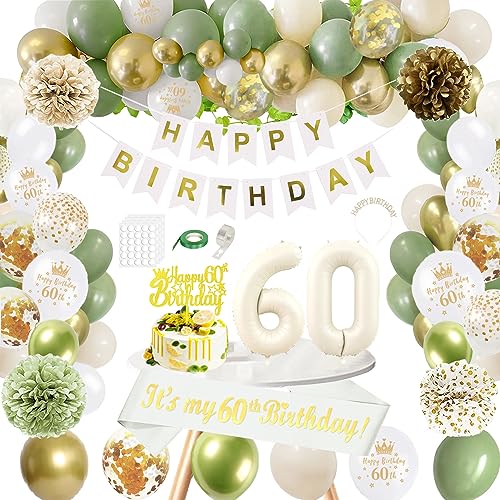 WLKQY Deko 60 Geburtstag Frau, Grün Gold Weiß 60 Geburtstag Frauen Konfetti Luftballons mit Happy Birthday Banner, 60. Geburtstag Schärpe Weiß Gold, Pompons, 60 Jahr Geburtstagdeko Girlande Ballons von WLKQY