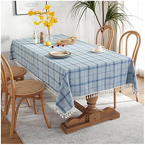 Tischdecke 130x180cm Blau Rechteckige Tischdecke Baumwolle Leinen Waschbare Quasten Tischtuch, Staubdichte Tischdeko für Küche Esszimmer Tisch Speisetisch von WLL