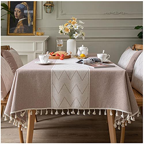 Tischdecke Rechteckige 140x170cm Braun Tischdecken Baumwolle Leinen Abwaschbar Quaste Tischwäsche, Einfache Elegante Tischtuch Tischabdeckung für Home Küche Speisetisch Picknick-Party Dekoration von WLL