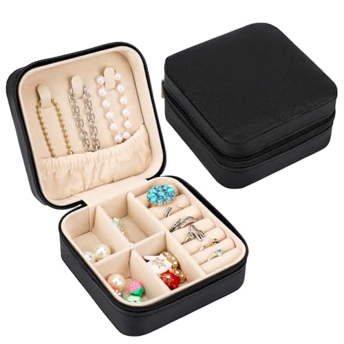 WLLHYF Kleine Schmuckschatulle, Tragbare Reise-Schmuckschatulle aus PU-Leder Kleine Schmuck-Organizer Aufbewahrungsboxen für Ringe Anhänger Ohrringe Halsketten Armbänder (Schwarz) von WLLHYF