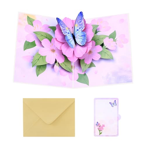 WLNEXT Grußkarte, 3D Schmetterling und Blume Popup Postkarte Handgemachte Grußkarte mit Umschlag zum Geburtstag Jubiläum für Lehrer von WLNEXT