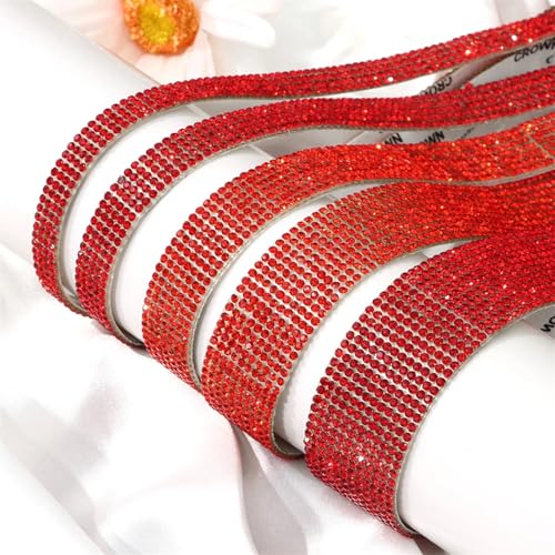 Diamantbänder, 91 cm, selbstklebend, Kristall-Strass-Aufkleber, Diamantband, DIY-Aufkleber, bunte Strassstein-Aufkleberrolle, handgefertigtes Handwerk (Farbe: Rot, Größe: 5 Reihen (1 cm) von WLTYSM