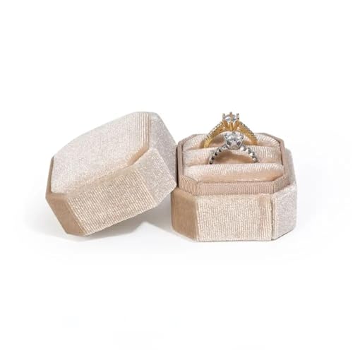 WLTYSM Ringschachtel Sechseckige Samt-Schmuckschatulle, Doppelring-Aufbewahrungsbox, Damen-Geschenk, Ohrringe, Paketetui, Ehering-Display-Verpackungsbox Ring Geschenkbcox(Beige) von WLTYSM