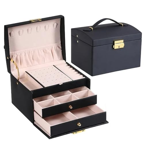 WLTYSM Schmuck-Aufbewahrungsbox, Schmuck-Aufbewahrungsbox, multifunktional, dreilagig, Leder, Schublade, Ohrringe, Schloss, Schmuckschatulle, Organizer, Schwarz von WLTYSM