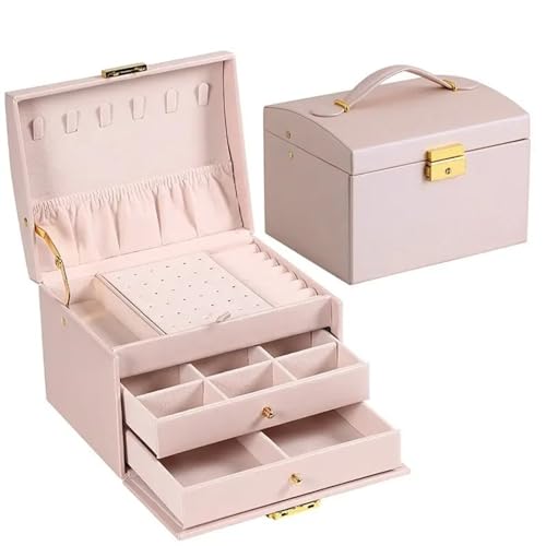 WLTYSM Schmuck-Aufbewahrungsbox, Schmuck-Aufbewahrungsbox, multifunktional, dreilagig, Leder, Schublade, Ohrringe, Schloss, Schmuckschatulle, Organizer (Rosa) von WLTYSM