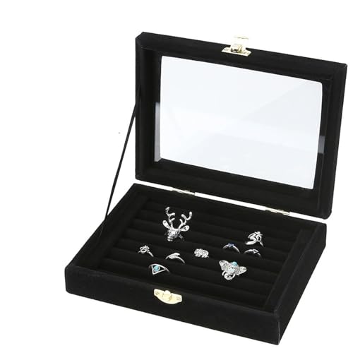 WLTYSM Schmuck-Aufbewahrungsbox mit 24 Fächern/8 Kabinen, Samt-Schmuckschatulle mit Glasabdeckung, Schmuckring-Präsentationsbox, Tablett-Halter, Aufbewahrungsbox, Organizer, Schmuckkästchen, Organizer von WLTYSM