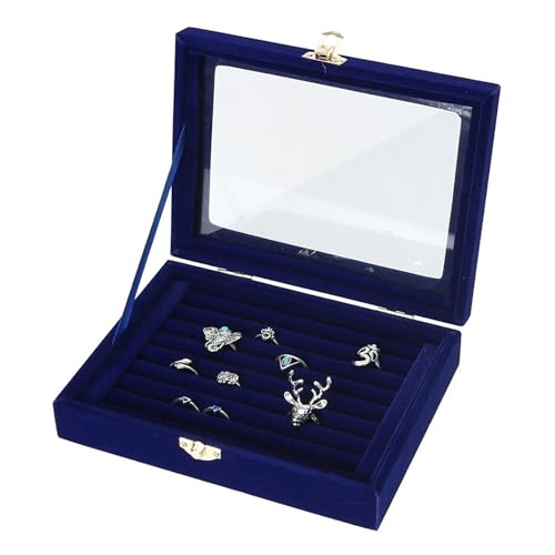 WLTYSM Schmuck-Aufbewahrungsbox mit 24 Fächern/8 Kabinen, Samt-Schmuckschatulle mit Glasabdeckung, Schmuckring-Präsentationsbox, Tablett-Halter, Aufbewahrungsbox, Organizer, Schmuckkästchen, Organizer von WLTYSM