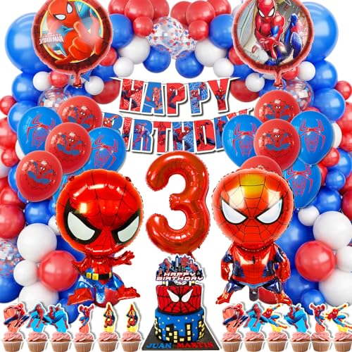 WLXWZ 123 Stück Spiderm Geburtstagsdeko 3 Jahre, Spiderm Geburtstag Luftballon und Zahlenballons 3 Jahre, Spiderm Tortendeko, Spiderm Deko Geburtstag Kinder, Superheld Spidy Geburtstagsparty Deko von WLXWZ