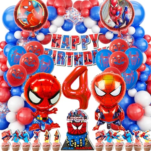 WLXWZ 123 Stück Spiderm Geburtstagsdeko 4 Jahre, Spiderm Geburtstag Luftballon und Zahlenballons 4 Jahre, Spiderm Tortendeko, Spiderm Deko Geburtstag Kinder, Superheld Spidy Geburtstagsparty Deko von WLXWZ