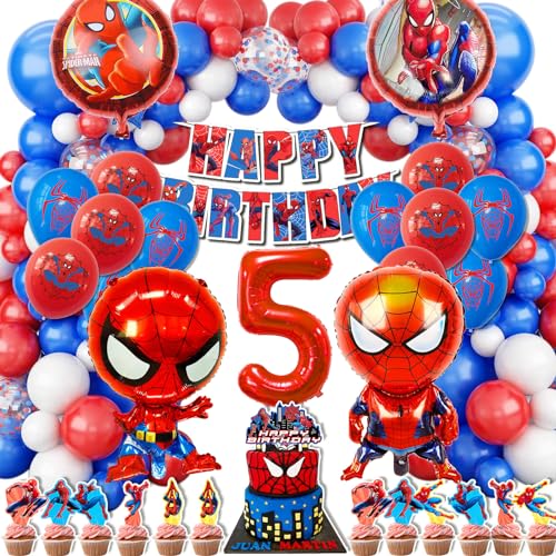 WLXWZ 123 Stück Spiderm Geburtstagsdeko 5 Jahre, Spiderm Geburtstag Luftballon und Zahlenballons 5 Jahre, Spiderm Tortendeko, Spiderm Deko Geburtstag Kinder, Superheld Spidy Geburtstagsparty Deko von WLXWZ