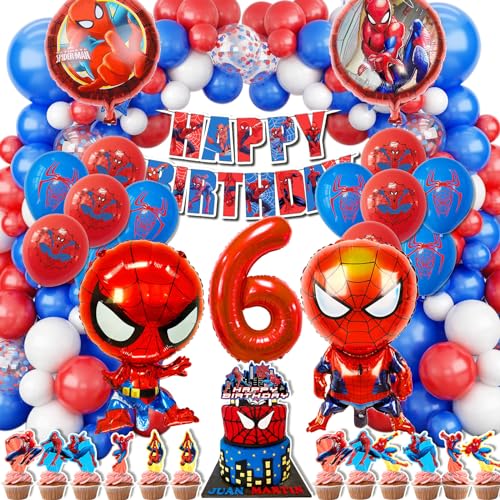 WLXWZ 123 Stück Spiderm Geburtstagsdeko 6 Jahre, Spiderm Geburtstag Luftballon und Zahlenballons 6 Jahre, Spiderm Tortendeko, Spiderm Deko Geburtstag Kinder, Superheld Spidy Geburtstagsparty Deko von WLXWZ