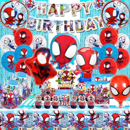 WLXWZ 87 Stück Spiderman Geburtstagsdeko, Spiderm Geburtstag Partygeschirr, Spiderm Deko Geburtstag Kinder Set, Spiderm Luftballon, Tortendeko, Tischdecke, Teller, Lametta Vorhang, Kinderbesteckset von WLXWZ