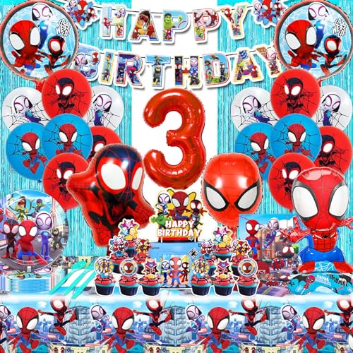 WLXWZ Spiderm Geburtstagsdeko 3 Jahre, 87Pcs Spiderm Geburtstag Partygeschirr Set, Spiderm Luftballon, Tortendeko Spiderm, Spiderm Tischdecke, Teller, Spiderm Deko Geburtstag Kinder 3 Jahre von WLXWZ