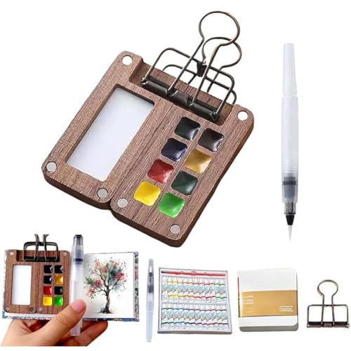 WMFASBAG 8/15 Gitter-Holzgitter-Farbkasten mit Binder-Clips, tragbares Mini-Aquarell-Paletten-Set, Aquarell-Papierblock, Aquarell-Skizzenbuch for Maler, Künstler, Studenten von WMFASBAG