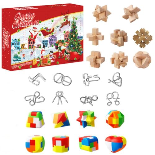 WMFASBAG Adventskalender 2024 Denksportaufgaben Rätsel Familien-Gehirn-Challenge-Spiele Spielzeug Weihnachts-Adventskalender mit Kunststoff-Metall- und Holz-Puzzlespielzeug Weihnachts-Countd von WMFASBAG