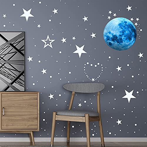 Leuchtsticker Wandtattoo, 435 STÜCKE Sterne Mond Leuchtende Wandaufkleber, Leuchtsterne Punkten und Mond Wandsticker DIY für Mädchen und Jungen, zum Basteln, Schlafzimmer, Dekoration (Blau) von WMLBK