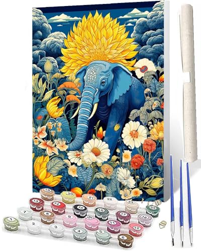 WMZPOY DIY Malen nach Zahlen Erwachsene Tiere Erwachsene Malen nach Lila Elefantenfarbenblumen 022 Malen nach Zahlen Kunsthandwerk Geschenk für Home Wall Deco 40 x 50 cm(rahmenlos) von WMZPOY