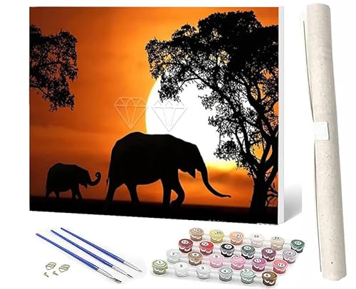 WMZPOY DIY Malen nach Zahlen Erwachsene Tiere Erwachsene Malen nach Sonnenuntergang Elefant 4 Malen nach Zahlen Kunsthandwerk Geschenk für Home Wall Deco 40 x 50 cm(rahmenlos) von WMZPOY