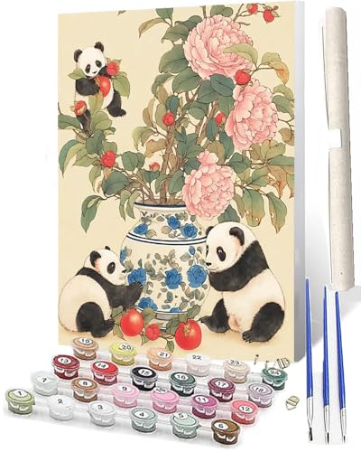 WMZPOY Erwachsene Mit Pinseln und Acrylfarbe Porzellanvase mit drei Pandas, Obst und Blumen, 072 DIY Set Basteln Erwachsene mit Pinseln und Acrylfarben für Home Decor40x50cm von WMZPOY