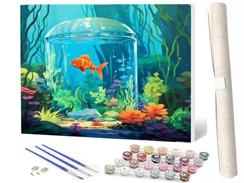 WMZPOY Malen Nach Zahlen Erwachsene, DIY Handgemalt Ölgemälde Kit für Anfänger und Erwachsene Mit 3-Pinseln und Acrylfarbe, Ohne Rahmen 40X50 CMGoldfisch im Aquarium von WMZPOY