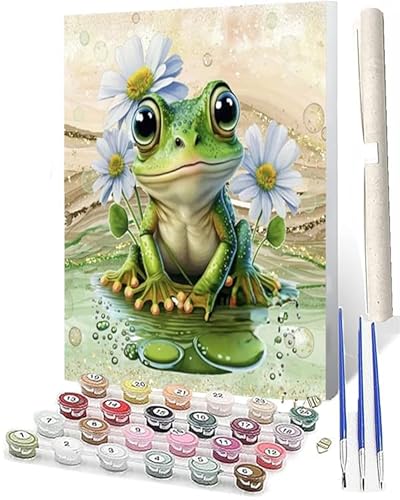 WMZPOY Malen Nach Zahlen Erwachsene Anfänger, ab 7 8 9 10 Jahre Mädchen für Home Deko Geburtstag Weihnachten Geschenk Frosch weiße Blumen 002 Kommt Mit Farbe und Pinsel 40x50cm von WMZPOY