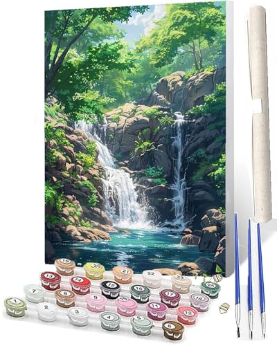 WMZPOY Malen Nach Zahlen Erwachsene Anfänger, ab 7 8 9 10 Jahre Mädchen für Home Deko Geburtstag Weihnachten Geschenk Wasserfall-Bach-Landschaft 002 Kommt Mit Farbe und Pinsel 40x50cm von WMZPOY