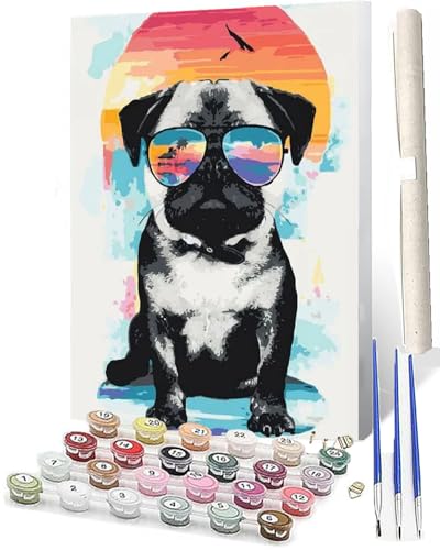 WMZPOY Malen Nach Zahlen Erwachsene Anfänger Sonnenbrille Mops DIY Handgemalt Ölgemälde Kits auf Leinwand mit Pinseln Acrylpigment Deko Painting by Numbers 40 * 50 von WMZPOY