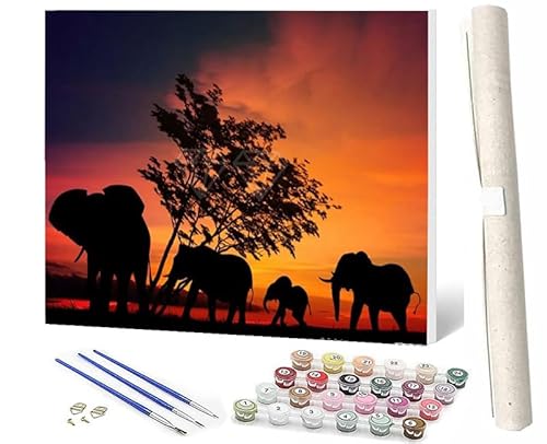 WMZPOY Malen Nach Zahlen Erwachsene DIY Handgemalt Ölgemälde Kit für Anfänger und Erwachsene Elefant bei Sonnenuntergang Mit 3-Pinseln und AcrylfarbeOhne Rahmen 40X50CM von WMZPOY