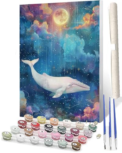 WMZPOY Malen Nach Zahlen Erwachsene DIY Handgemalt Ölgemälde Kit für Anfänger und Erwachsene Fantasie-Sternenhimmel-Vollmond-Delfin 021 Mit 3-Pinseln und AcrylfarbeOhne Rahmen 40X50CM von WMZPOY