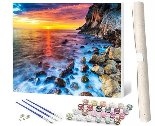 WMZPOY Malen Nach Zahlen Erwachsene DIY Handgemalt Ölgemälde Kit für Anfänger und Erwachsene Sunset Beach Stone_052 Mit 3-Pinseln und AcrylfarbeOhne Rahmen 40X50CM von WMZPOY