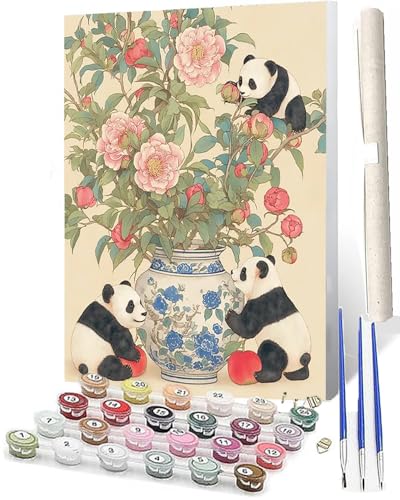 WMZPOY Malen Nach Zahlen Erwachsene DIY Handgemalt Ölgemälde Kit für Erwachsene und Anfänger, Paint by Numbers Tiere Drei Pandas Obstblumen-Porzellanvase 071 Home Haus Deko 40 x 50 cm von WMZPOY