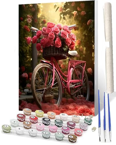 WMZPOY Malen Nach Zahlen Erwachsene DIY Handgemalt Ölgemälde Kit für Erwachsene und Anfänger, Paint by Numbers Tiere Rosa Blumenfahrrad 020 Home Haus Deko 40 x 50 cm von WMZPOY