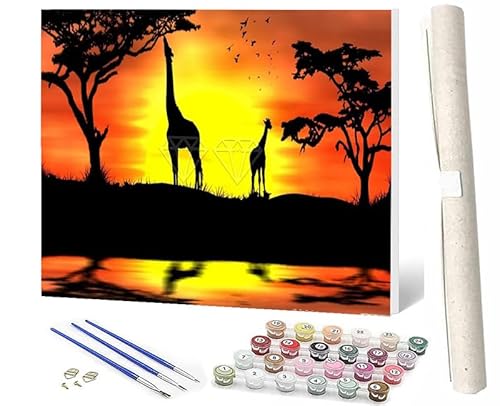 WMZPOY Malen Nach Zahlen Erwachsene DIY Handgemalt Ölgemälde Kit für Erwachsene und Anfänger, Paint by Numbers Tiere Sonnenuntergangsgiraffe Home Haus Deko 40 x 50 cm von WMZPOY