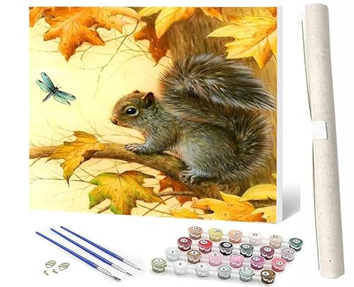 WMZPOY Malen Nach Zahlen Erwachsene Malen Nach Zahlen Tiere Anfänger Eichhörnchen-Libelle DIY Ölgemälde Leinwand Kit für Geschenke und Home Wand Dekor (40x50cm) von WMZPOY