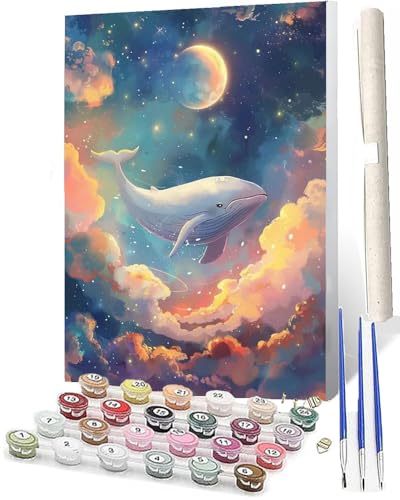 WMZPOY Malen Nach Zahlen Erwachsene Malen Nach Zahlen Tiere Anfänger Fantasie-Sternenhimmel-Mond-Delphin 028 DIY Ölgemälde Leinwand Kit für Geschenke und Home Wand Dekor (40x50cm) von WMZPOY