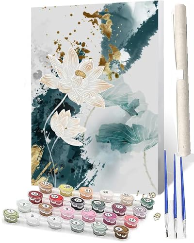 WMZPOY Malen Nach Zahlen Erwachsene Malen Nach Zahlen Tiere Anfänger Tinte Botanischer Lotus 012 DIY Ölgemälde Leinwand Kit für Geschenke und Home Wand Dekor (40x50cm) von WMZPOY