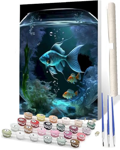 WMZPOY Malen Nach Zahlen ErwachseneMalen Nach Zahlen Mit Pinseln und Acrylfarbe Aquarium Goldfisch 4 DIY Set Basteln Erwachsene mit Pinseln und Acrylfarben für Home Decor40x50cm von WMZPOY