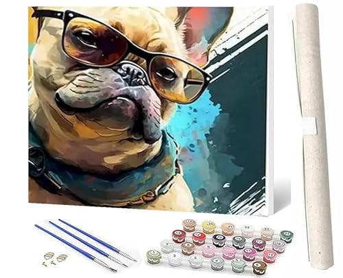 WMZPOY Malen Nach Zahlen ErwachseneMalen Nach Zahlen Mit Pinseln und Acrylfarbe Sonnenbrille mit französischer Bulldogge DIY Set Basteln Erwachsene mit Pinseln und Acrylfarben für Home Decor40x50cm von WMZPOY