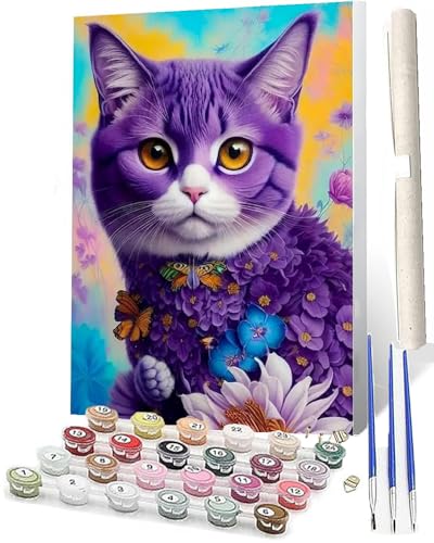 WMZPOY Malen Nach Zahlen ErwachseneMalen Nach Zahlen Mit Pinseln und Acrylfarbe lila Katze 1 DIY Set Basteln Erwachsene mit Pinseln und Acrylfarben für Home Decor40x50cm von WMZPOY