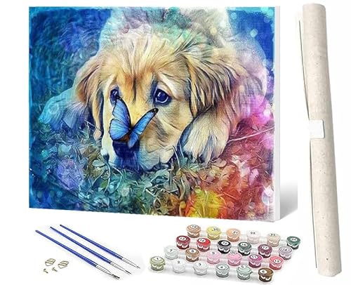 WMZPOY Malen Nach Zahlen ErwachseneMalen Nach Zahlen Mit Pinseln und Acrylfarbe tierischer Golden Retriever-Schmetterling DIY Set Basteln Erwachsene mit Pinseln und Acrylfarben für Home Decor40x50cm von WMZPOY