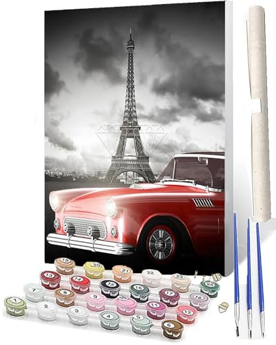 WMZPOY Malen Nach Zahlen Rotes Auto Paris Tower-2 DIY Ölmalerei Bastelset für Anfänger und Inklusive Knitterfreie LeinwandAcrylfarben und 3 PinselGeschenke und Home Haus Deko-40x50 von WMZPOY