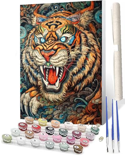 WMZPOY Malen Nach Zahlen Tiger 5 DIY Ölmalerei Bastelset für Anfänger und Inklusive Knitterfreie LeinwandAcrylfarben und 3 PinselGeschenke und Home Haus Deko-40x50 von WMZPOY